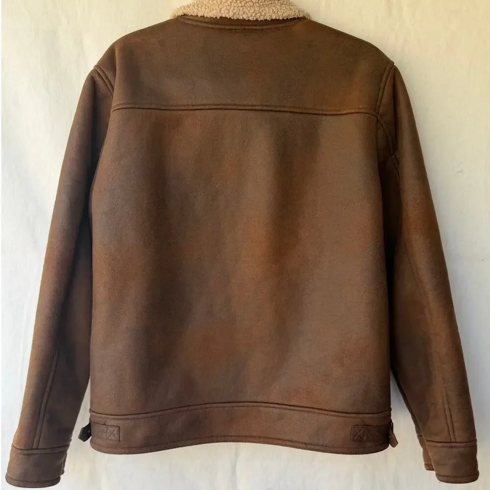 Rainforest Men's Brown Faux Shearling Lined Aviator Flight Jacket Size Small